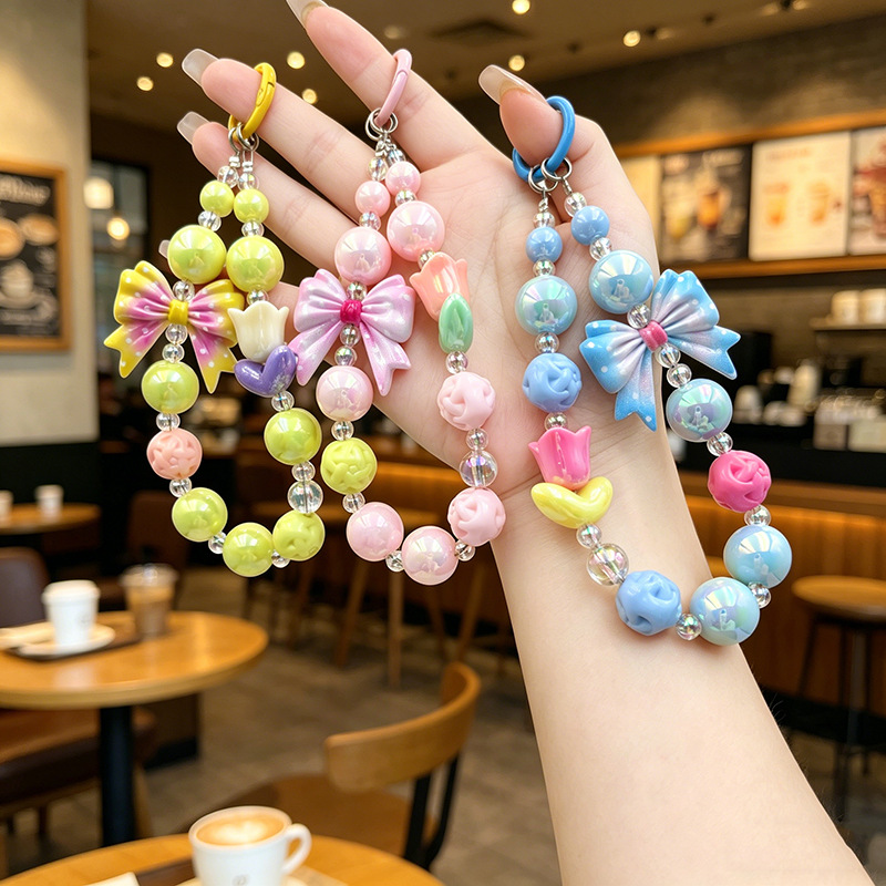 New electroplated lace bow bead string phone chain, car keychain, lucky star bag pendant