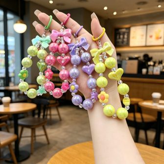 Creative Fresh Candy Color Plated Beaded Keychain Girl's Bow Heart Flower Keychain Phone Chain
