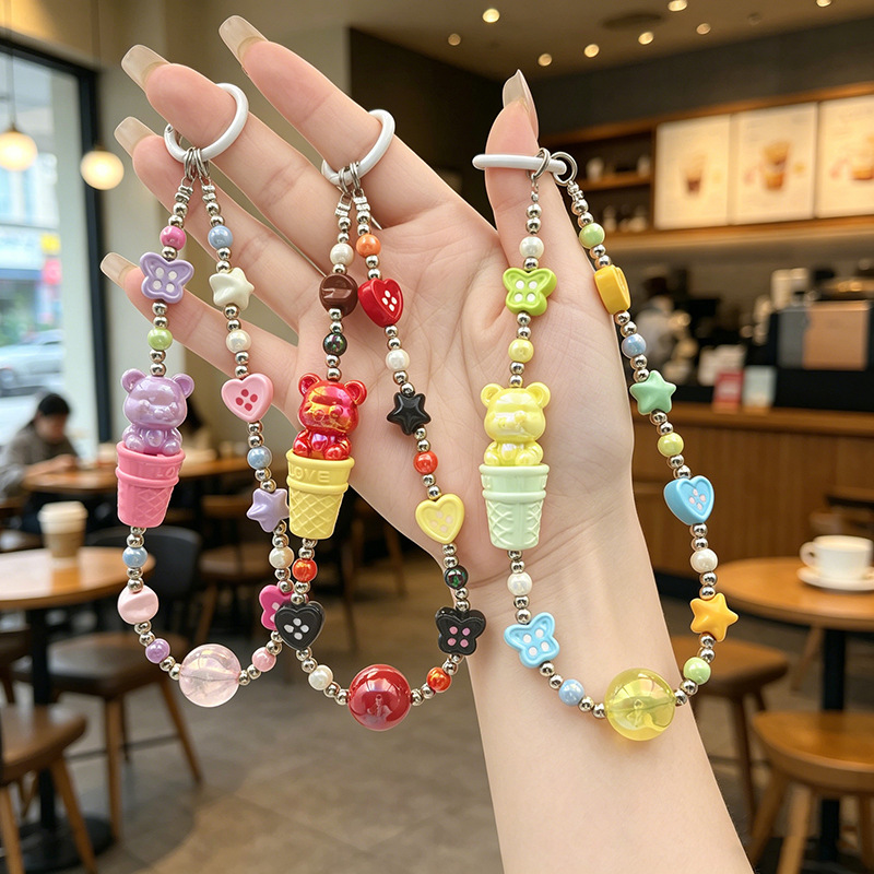 INS Korean Style Chain Hanging Dopamine Colorful Star Little Bear Keychain Bead Lanyard High-End Phone Chain Bag Hanging Strap