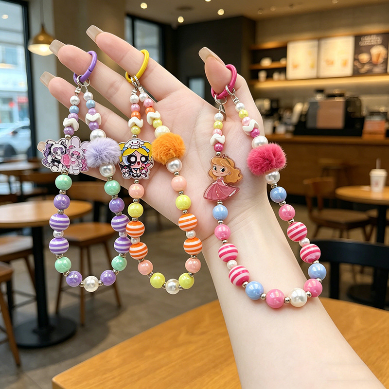 Cross-border new plush bead phone chain pendant, cartoon donut bead necklace, keychain, bag pendant, live streaming product