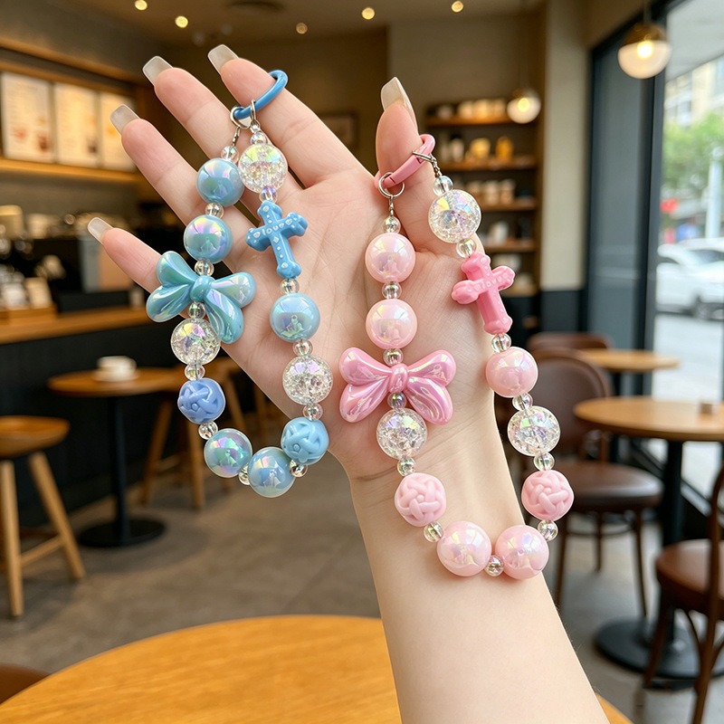 Cross-border best-selling macaron bead keychain bow cross bag small pendant phone case chain
